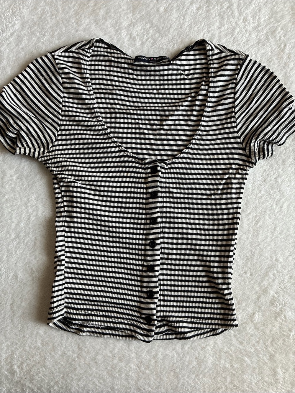 Brandy Melville Black and White Striped Scoop-Neck Button Tee